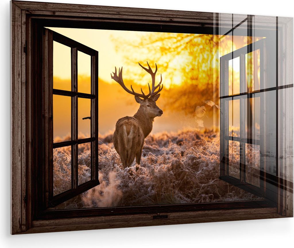 MuchoWow Glasbilder - Bilder auf Wandbild - Foto auf Glas Hirsche - Herbst - Tiere - Natur - Wald - Aussicht 60x40 cm Wanddekoration aus Glas - Acr...