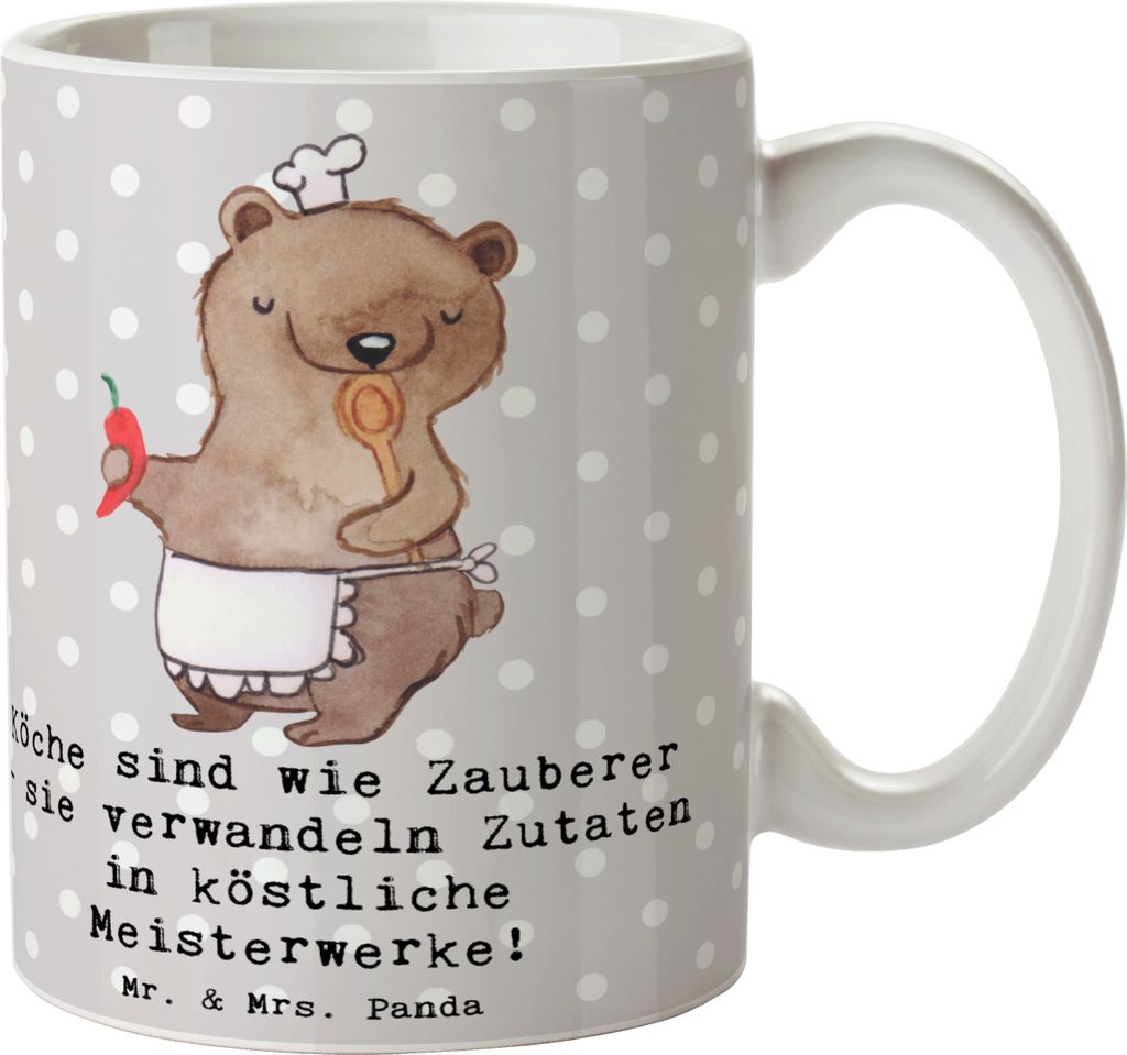 Mr. & Mrs. Panda Kaffeetasse Koch Zauber - Grau Pastell - Geschenk, Tasse, köstliche Meisterwerke, Teetasse, Qualität, Berufsliebe, Trinkbecher, ...
