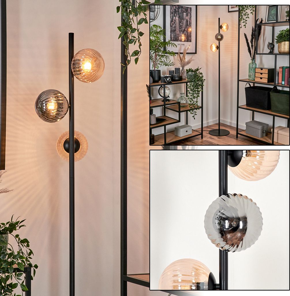 Garaguso Stehlampe aus Metall/Riffelglas in Schwarz/Rauch/Bernstein