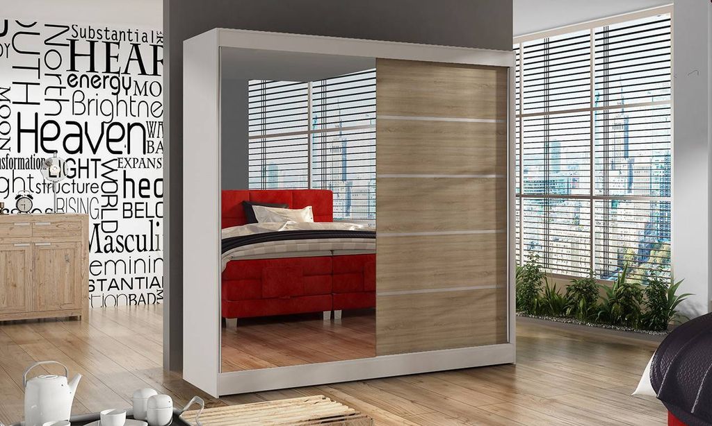 Schwebetürenschrank 2-türig Schrank 200 cm mit Regalen Moderne Kleiderschrank mit Spiegel Garderobe für Kleidung Modell BALI III WEISS / SONOMA