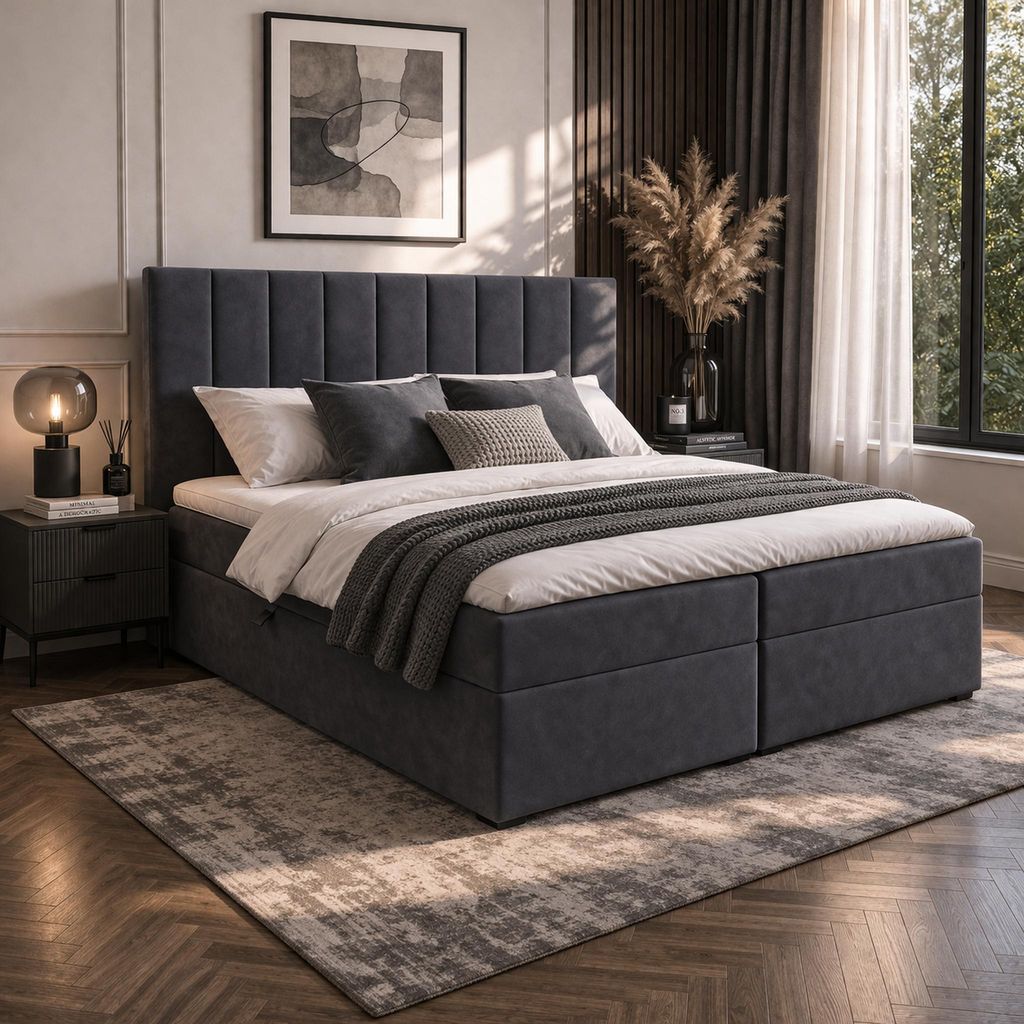 QLA Boxspringbett Bergamo 140x200 cm mit 7-Zonen-Taschenfederkern, Bettkasten & Topper Farbe Dunkelgrau