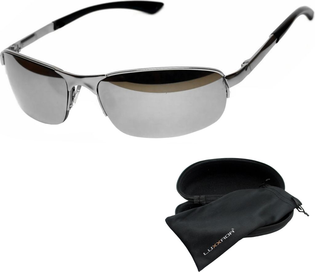 Sportliche Sonnenbrille Herren schmale Metall Brille Edelstahl Halbrand Federgelenke UV400 Silber Verspiegelt Brillenbox