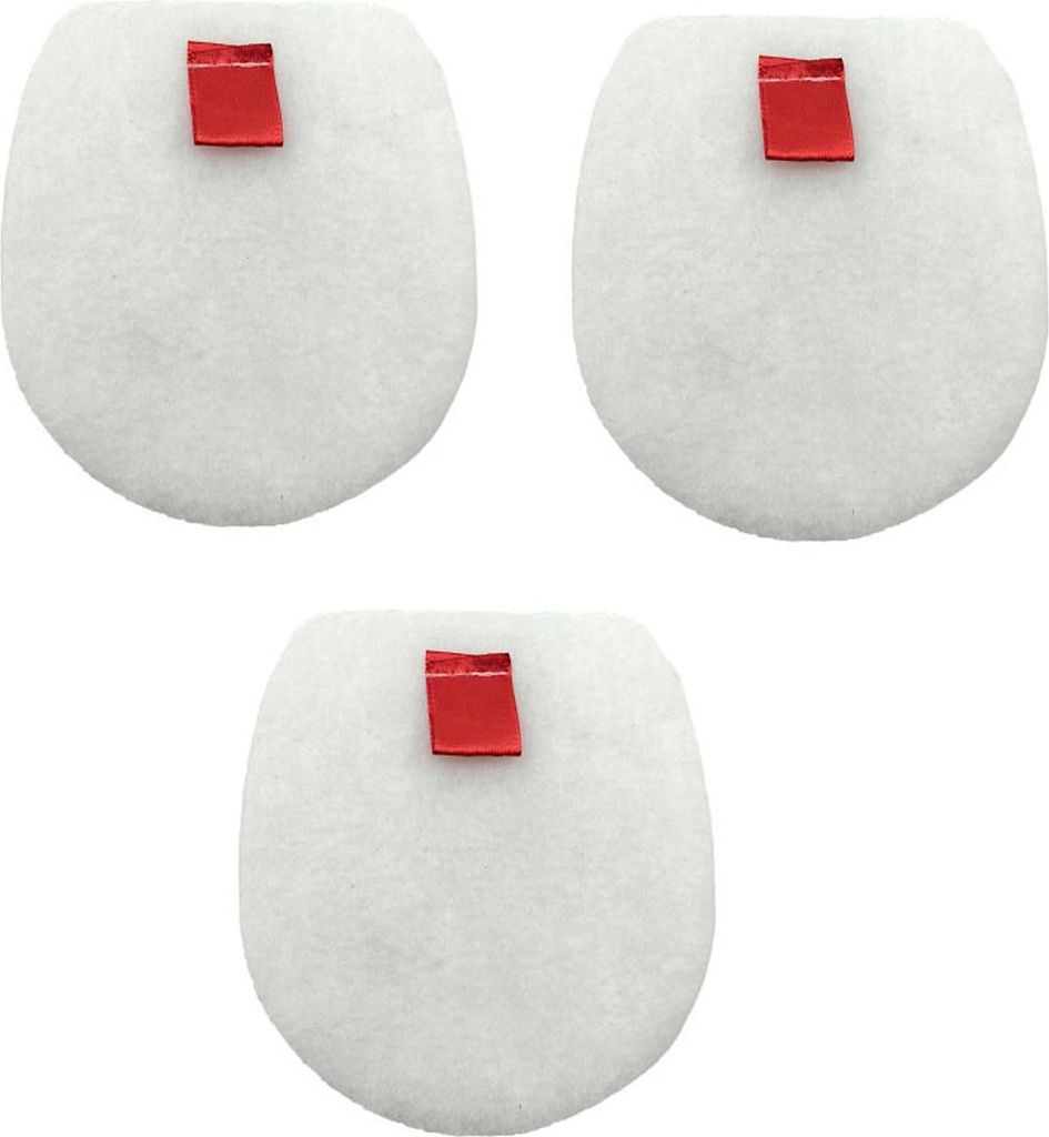 Three white, oval-shaped filters with a small red tab on each, arranged in a staggered pattern.