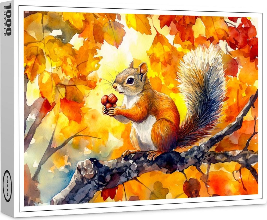 raxxa Premium-Puzzle "Squirrel eating a nut in a colorful autumn tree watercolor painting", 1000 Teile