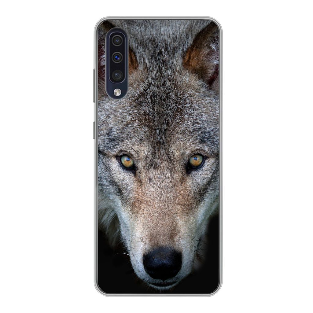 MuchoWow Handyhülle Schutzhülle Hülle für Samsung Galaxy A30s Wolf - Porträt - Schwarz Silikon Softcase Handy Hülle - Karteninhaber