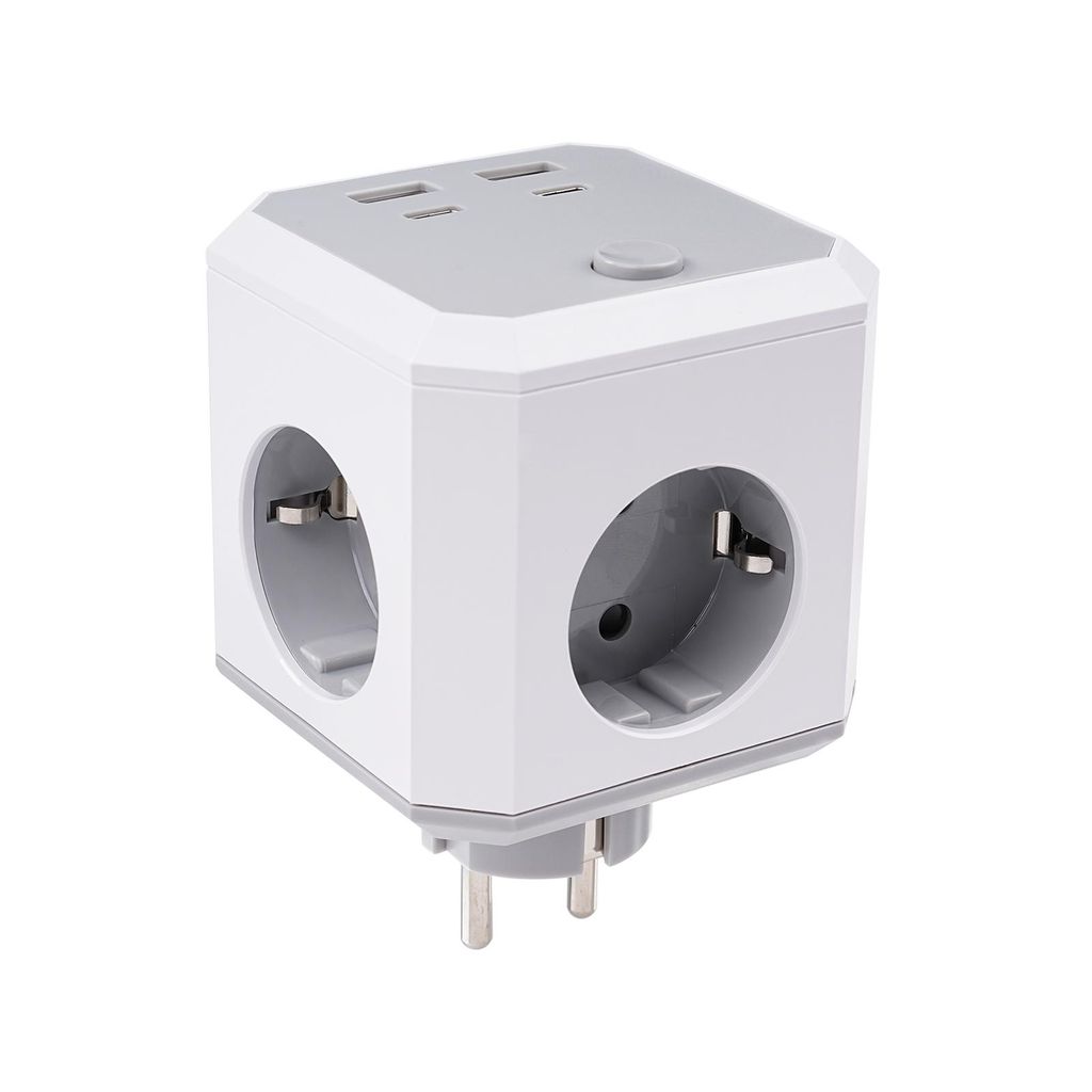 A white and gray cube-shaped power adapter with multiple outlets and USB ports.