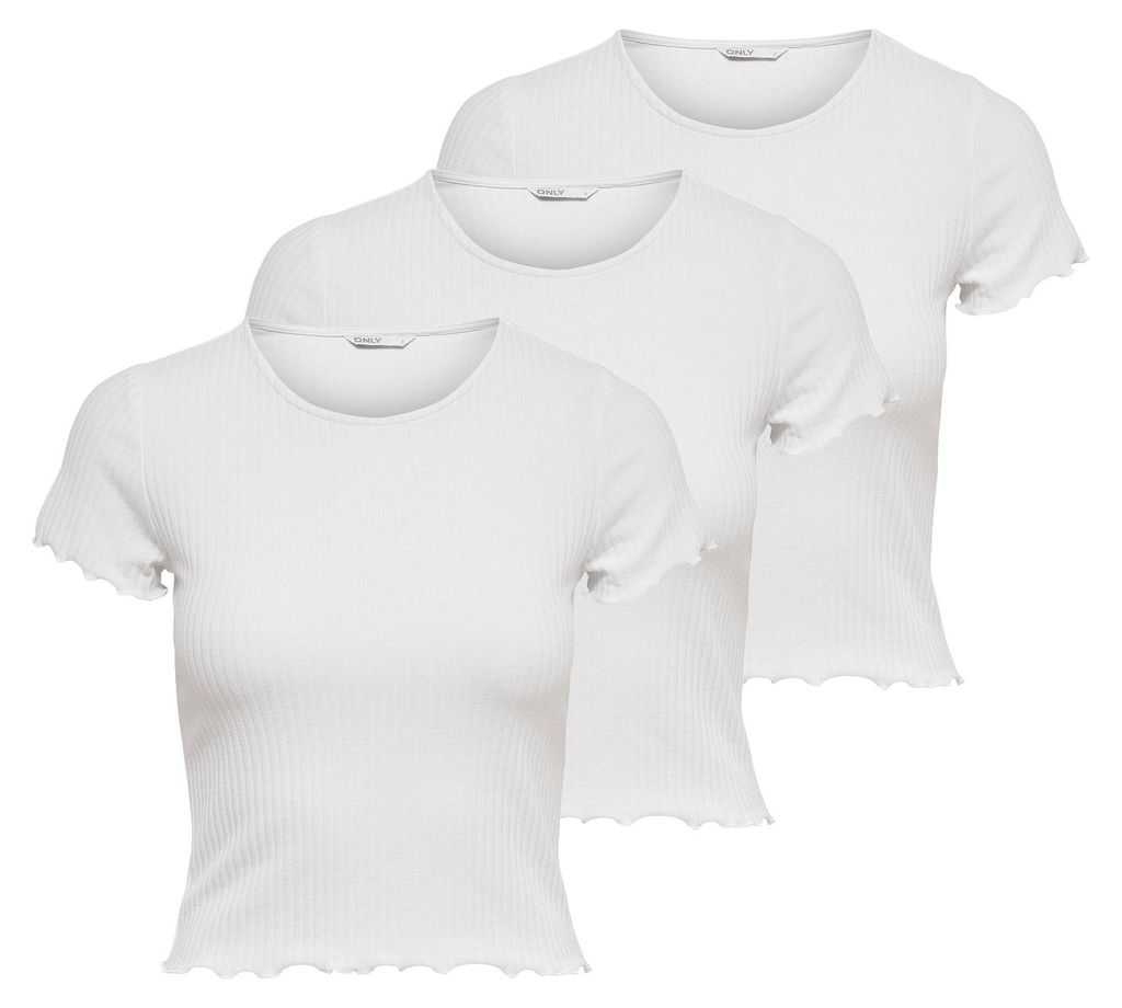 ONLY Damen T-Shirt 3er Pack - ONLEMMA SHORT TOP, Rundhals, Cropped, gerippt, einfarbig Weiß M