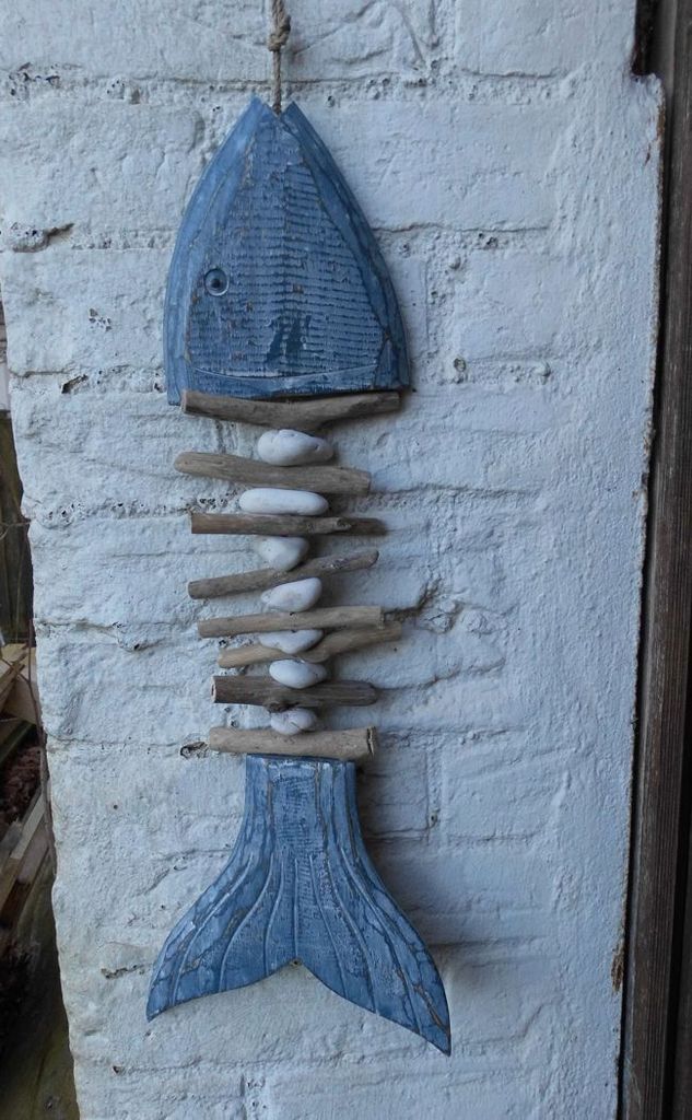 Hänger Fischgerippe Fischgräte Girlande Treibholz blau maritime Deko 70 cm