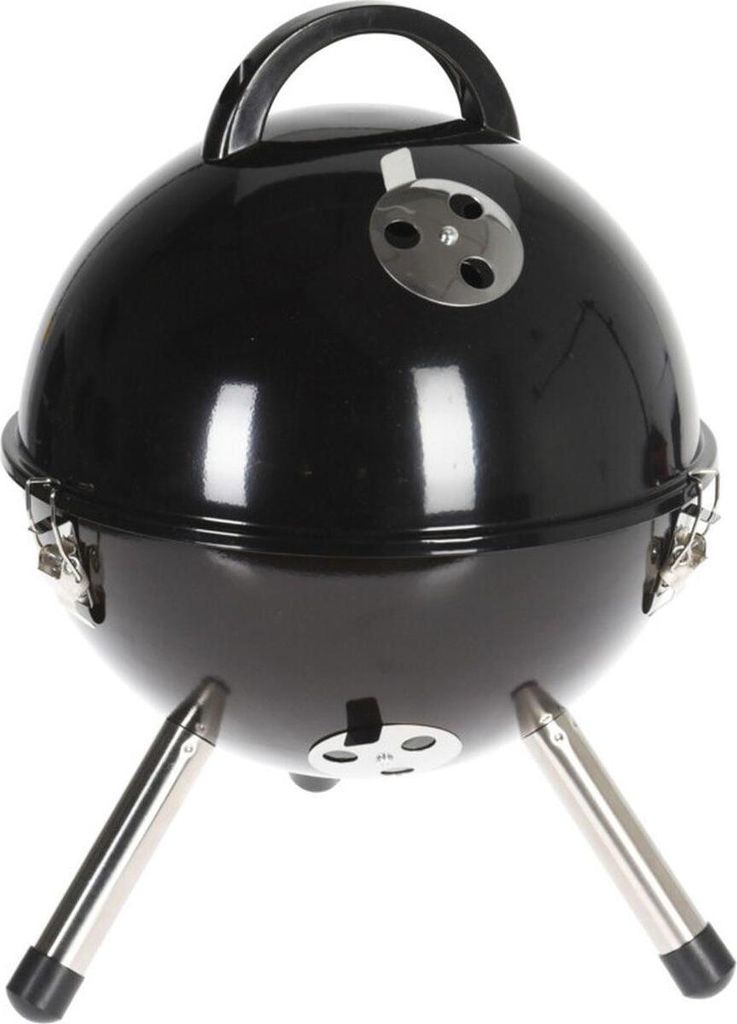 A black, round, portable barbecue grill on a white background.