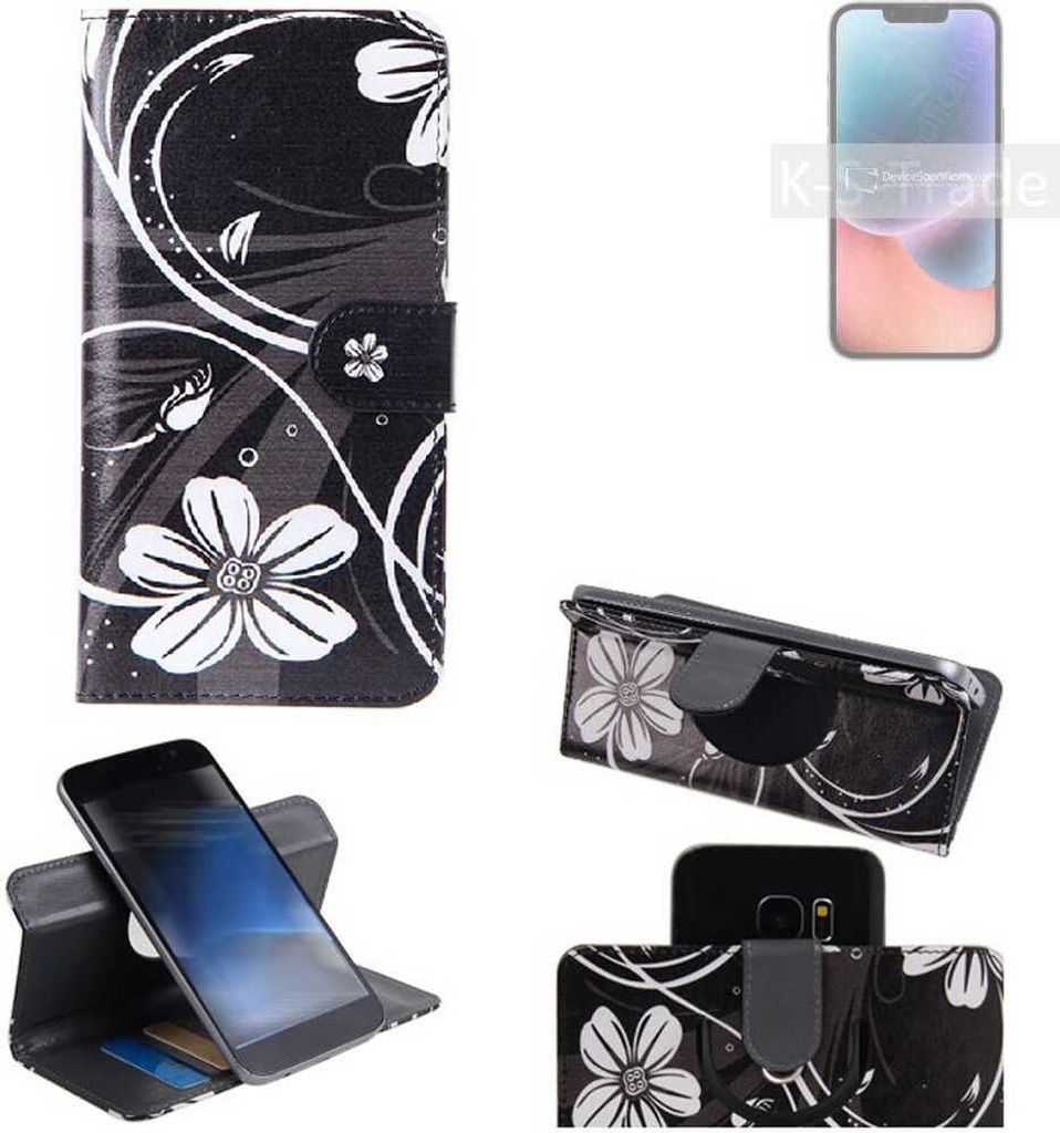K-S-Trade Schutzhülle Handyhülle kompatibel mit Apple iPhone 14 Plus Hülle 360° Wallet Case ''Flowers'' Klapphülle Hülle schwarz-weiß 1x