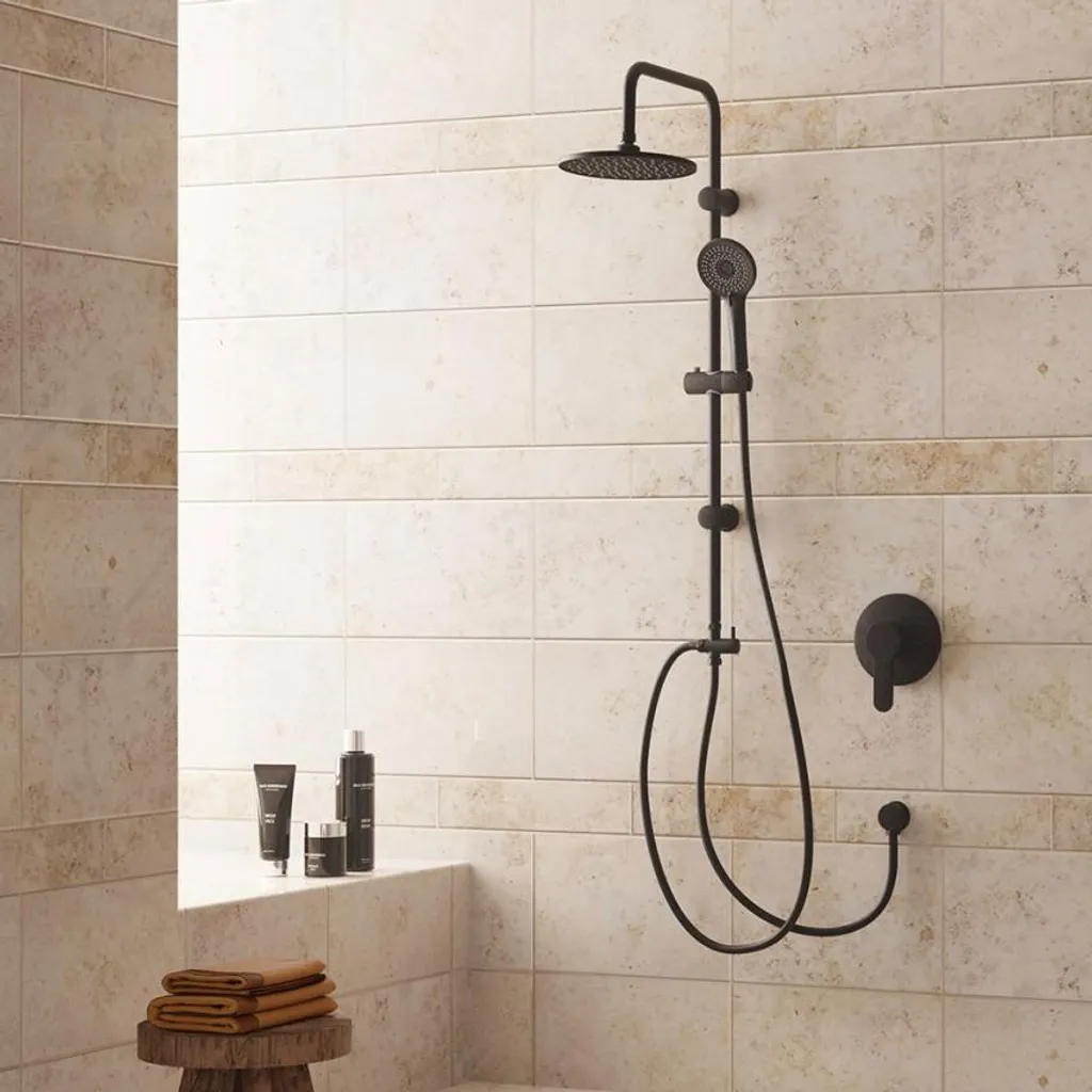Colonna doccia in acciaio nero con doccetta a 4 getti, design moderno Mamba