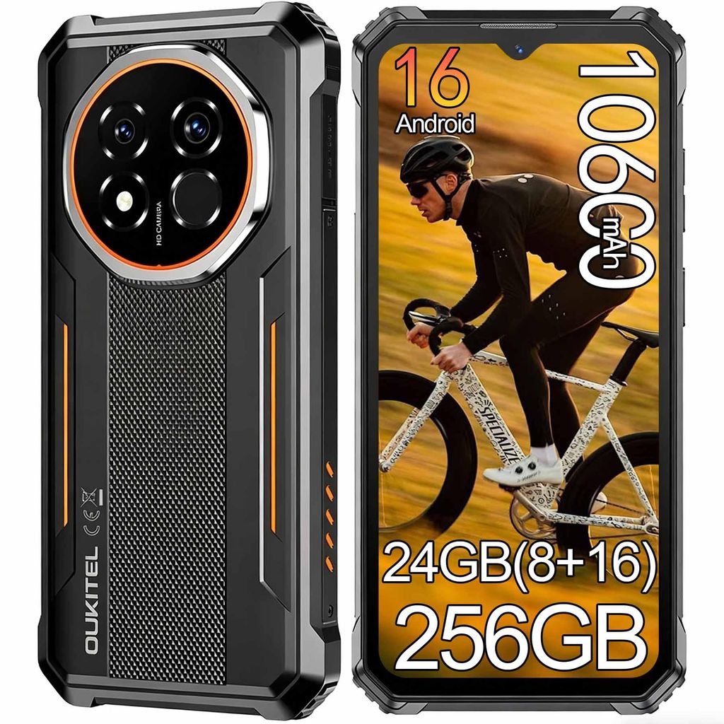 OUKITEL G6 (2026) Android 16 Outdoor Smartphone 24GB+256GB/1TB 95dB Outdoor Handy Ohne Vertrag, 6,52'' HD+ 10600mAh IP68/GPS/OTG/Face ID, Orange