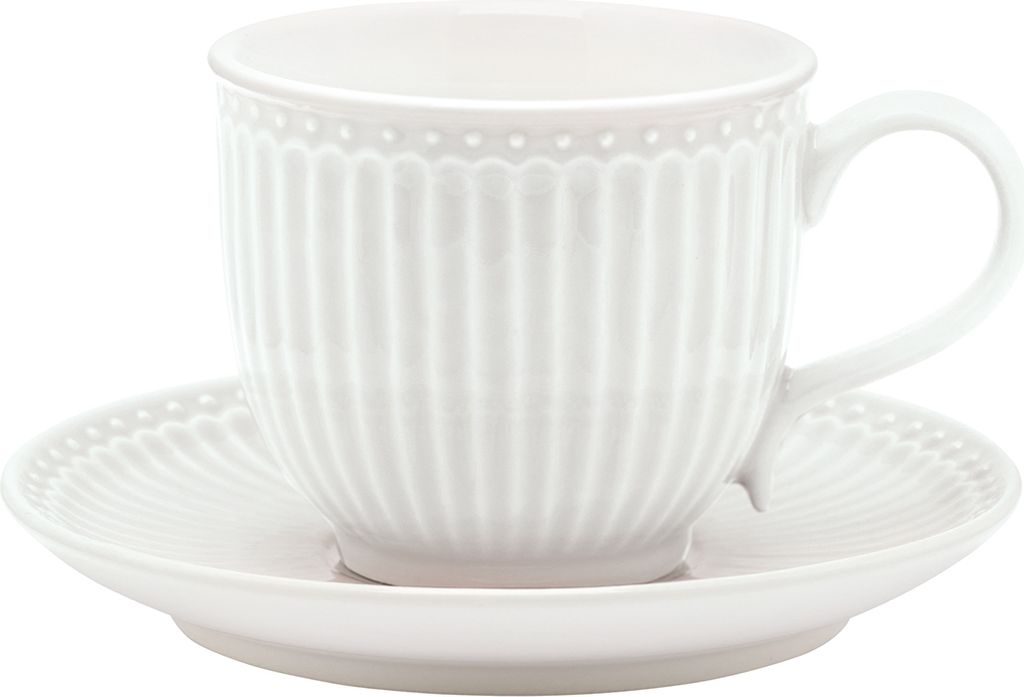 A white ceramic cup and saucer with a ribbed texture and a beaded rim.