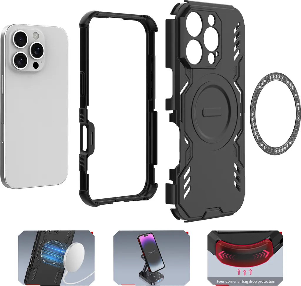 Magnetic Cover per iPhone 16 Pro Compatibile con 2 vetri temperati e 2 vetri per fotocamera, Translucent Matte Slim Back PC+TPU Bumper Shockproof - Rosso rosa