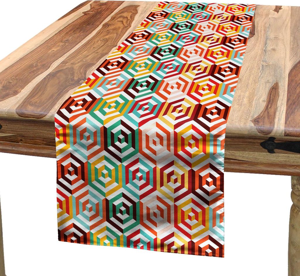 ABAKUHAUS Geometrisch Tischläufer, Abstraktes Würfel-isometrisches sechseckiges geformtes Muster-bunter Retro- Design-Druck, 40 x 300 cm, Orange ...