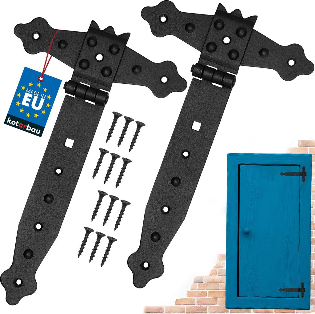 KOTARBAU 2er Set Kreuzgehänge 200 mm Ladenband Scharnier Band Platte Baubeschlag Torbeschlag Holzverbindung Werfgehänge T-Band T-Scharnier Pulv...