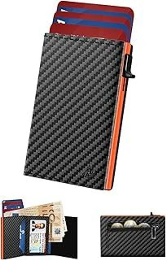 Portafoglio Uomo Slim Pop-up: Porta Carte Pelle Magnetico Nero Arancione