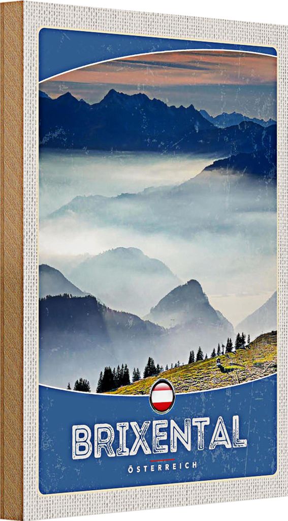 Holzschild Reise 20x30cm Brixental Österreich Himmel Wälder