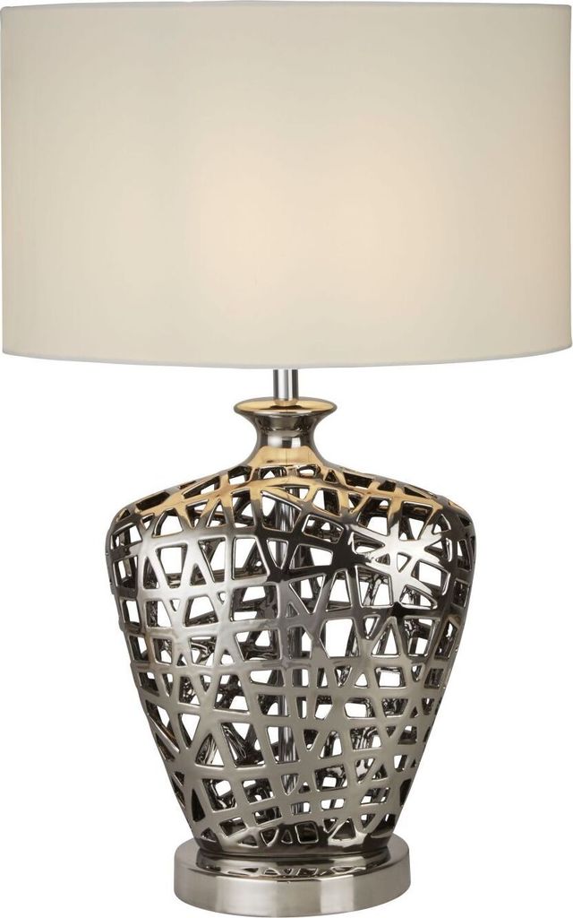 Tischlampe Keramik Stoff Ø 36 cm 57 cm hoch Chrom Weiß E27 rund Modern Keramikleuchte