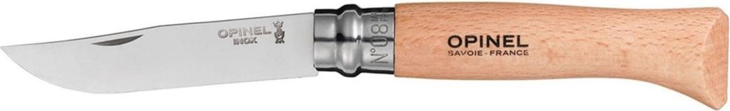 A close-up studio shot of an Opinel pocket knife against a white background.