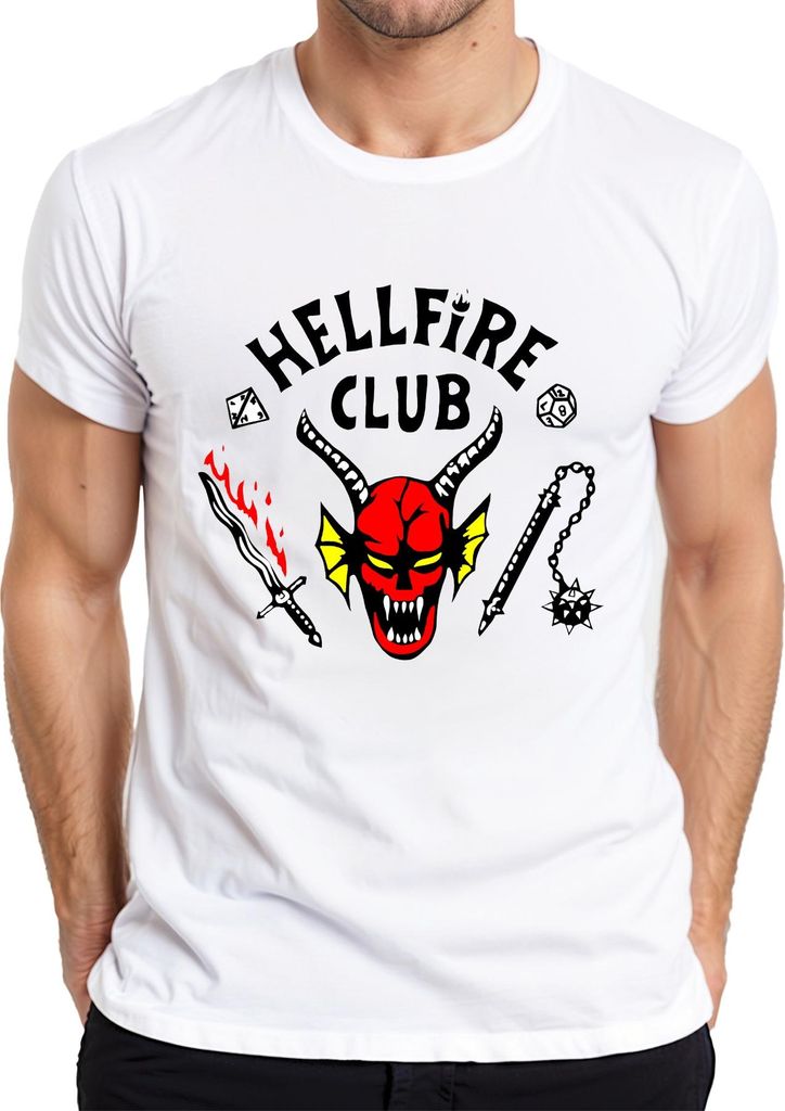 HELLFIRE CLUB Dämon Schädel Hörner D20 Flammenschwert Rollenspiel Herren T-Shirt, Weiß, S