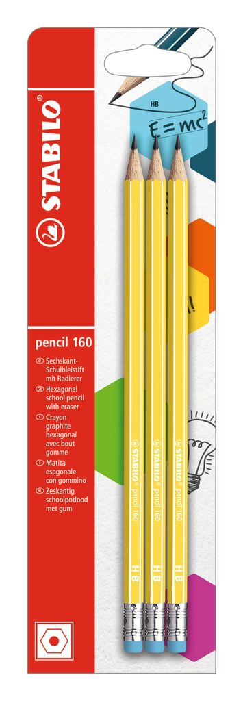 Bleistift mit Radierer - STABILO pencil 160 in gelb- Härtegrad HB - 3er Pack