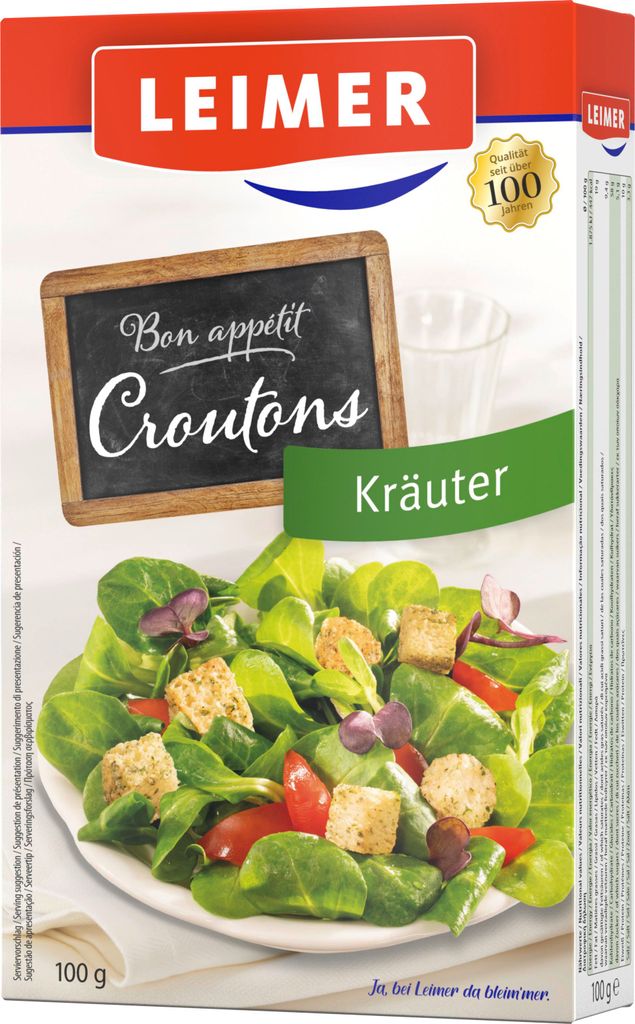 A box of Leimer Croutons Kräuter with a salad image on the front.