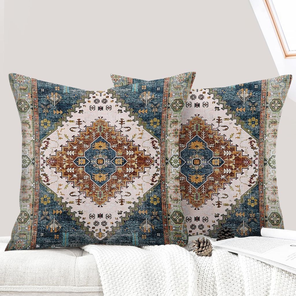 2er-Set Kissenbezüge, 45 x 45 cm, Boho-Stil, Vintage-Türkis mit verdecktem Reißverschluss
