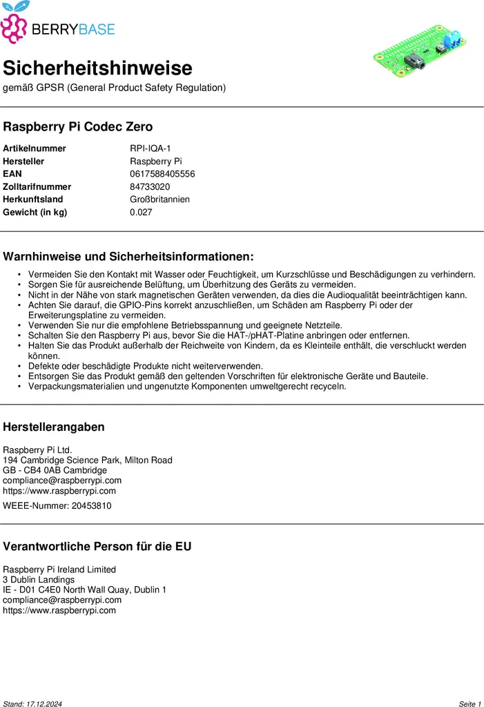 Codec audio Raspberry Pi Zero RB-IW-SC0366 pour corriger le son du Pi - 12