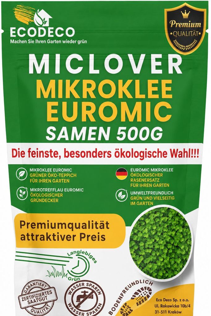 EcoDeco Mikroklee Samen 500 g, Weißklee Rasensamen, Zwergklee Microclover für gleichmäßigen grünen Rasen, 400 m² mit Gras