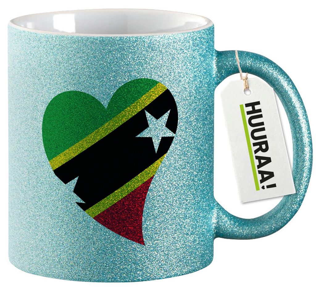 Huuraa Glitzertasse St. Kitts und Nevis Flagge Herz 330ml Blau Keramik Kaffeebecher Geschenkidee