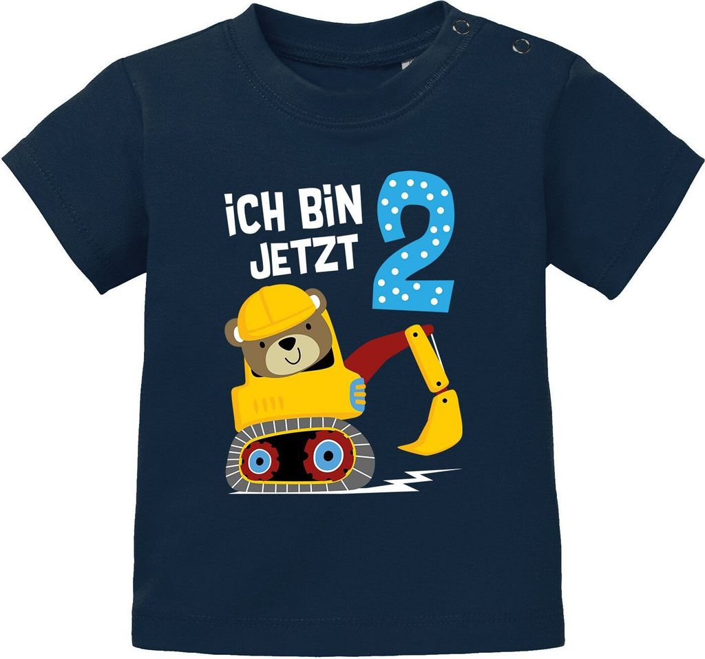 Baby T-Shirt erster | zweiter Geburtstag Bär Bagger Bauarbeiter Baggerfahrer Geburtstagsshirt kurzarm Baumwolle MoonWorks 2 Jahre dunkelblau 56/...