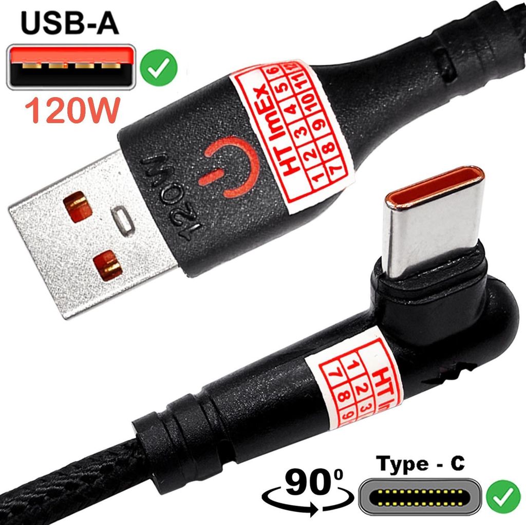 USB-A auf USB-C 90° Winkelstecker Ladekabel max.120W schwarz Nylon für Razer, Asus, MSI Gaming Laptop Notebook PC