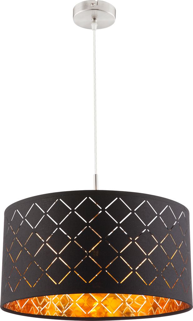 A pendant light fixture with a black drum shade featuring a geometric cut-out pattern and a gold interior.