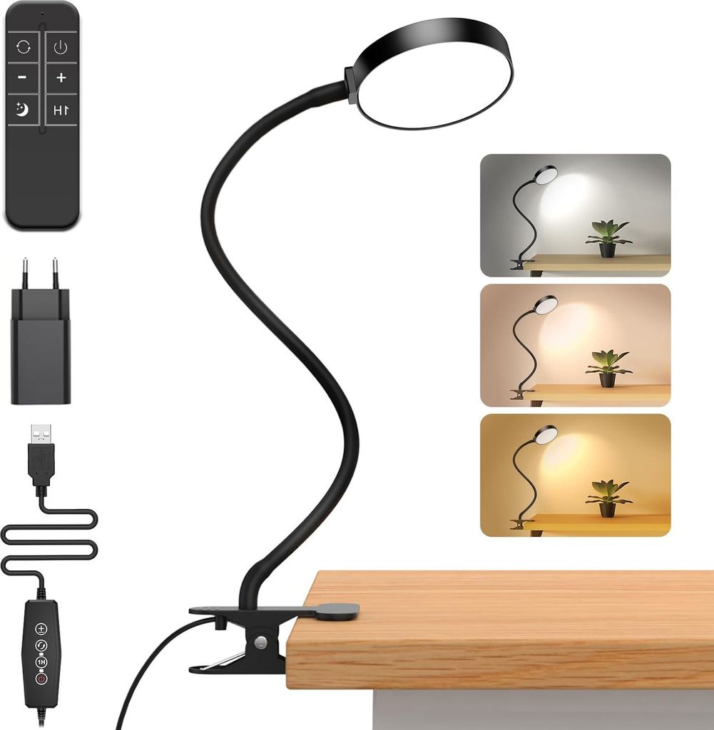 40cm LED Schreibtischlampe Dimmbar 3 Farbtemperaturen Verstellbarer Leselampe Augenschutz Tischlampe Klemmleuchte mit Timer und Fernbedienung