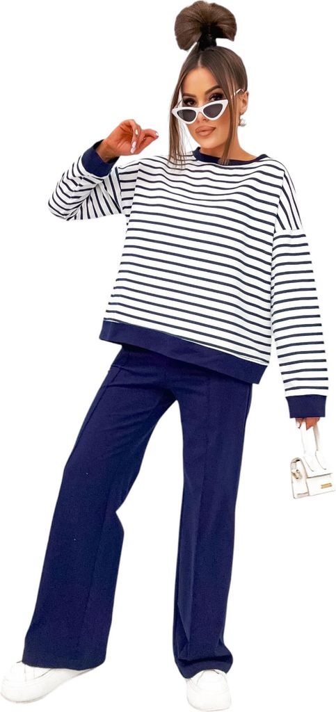 Damen Jogginganzug Freizeitanzug Baumwoll-Set – Sweatshirt & Hoch Taillierte Hose, Dunkelblau/L/XL 40/42