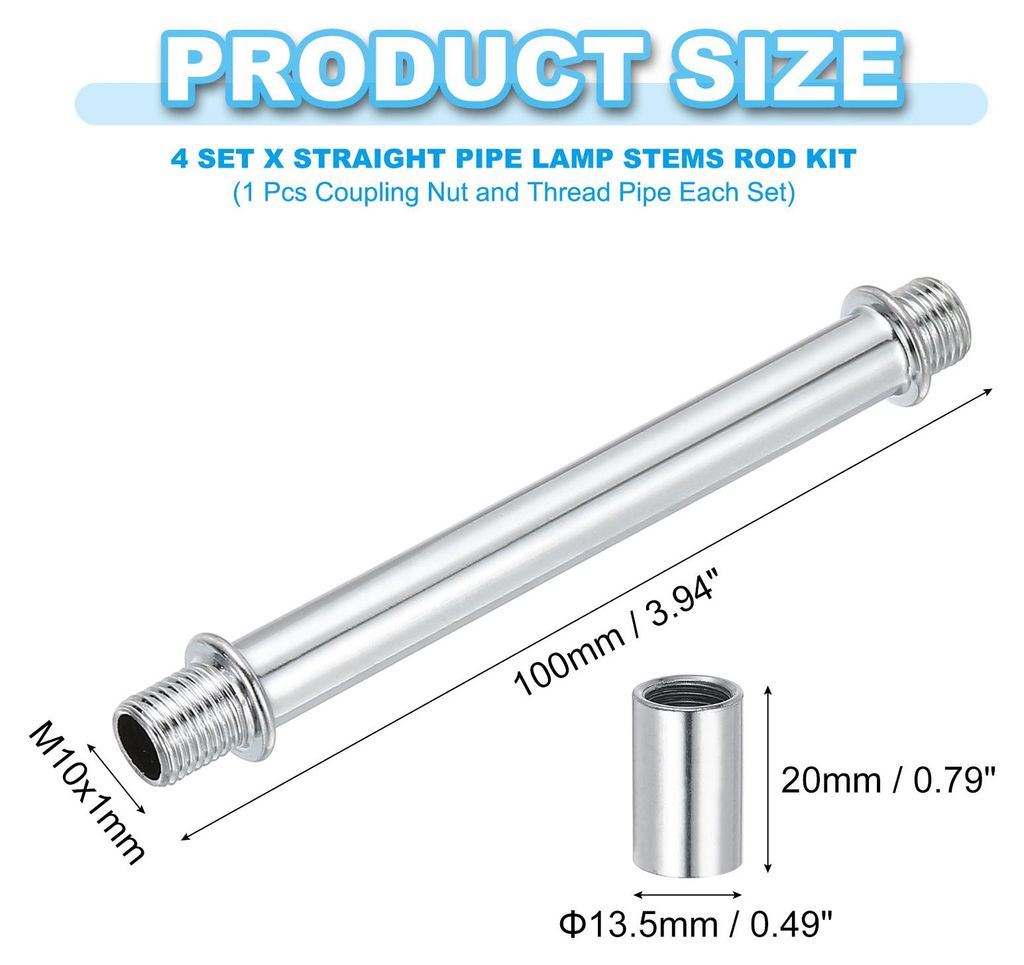 Gerades Rohr-Lampen-Stiel-Set, Lampenstiel 4 Stš¹ck M10 Kohlenstoffstahl 100mm (3,94") lang Doppelseitiges Gewinderohr mit Kupplungsmutterhš¹ls...