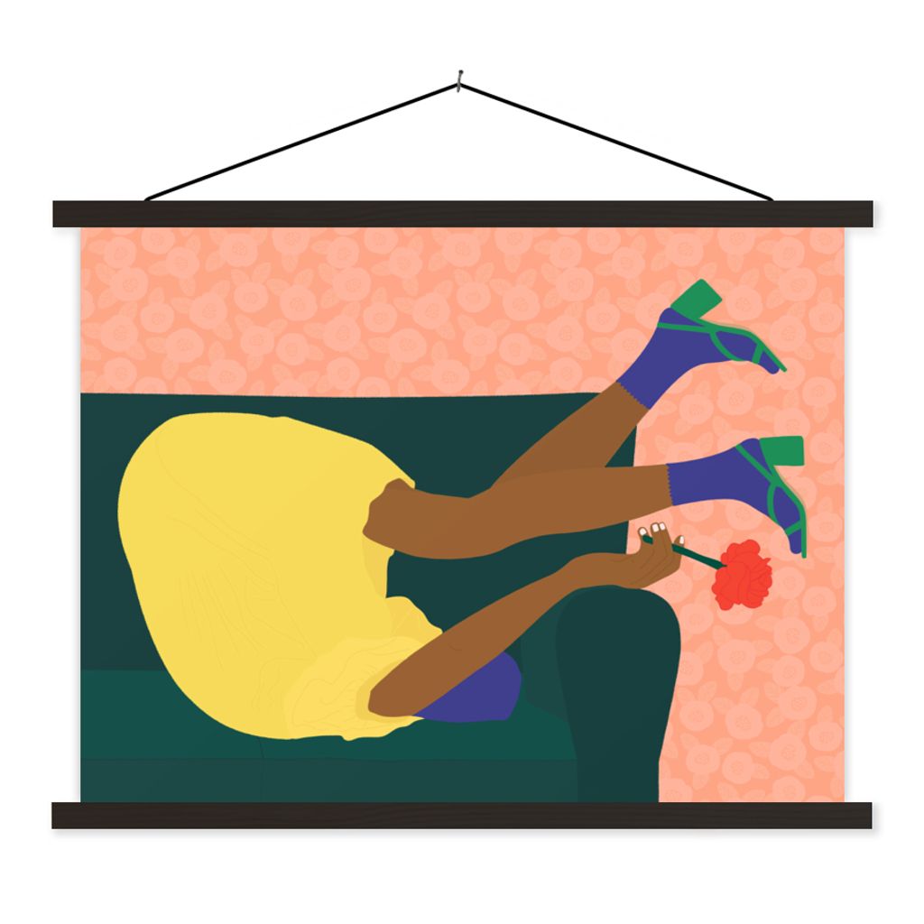 MuchoWow Textilposter Frau - Blumen - Retro 120x90 cm mit schwarzem Rahmen - Aufhänger für Poster