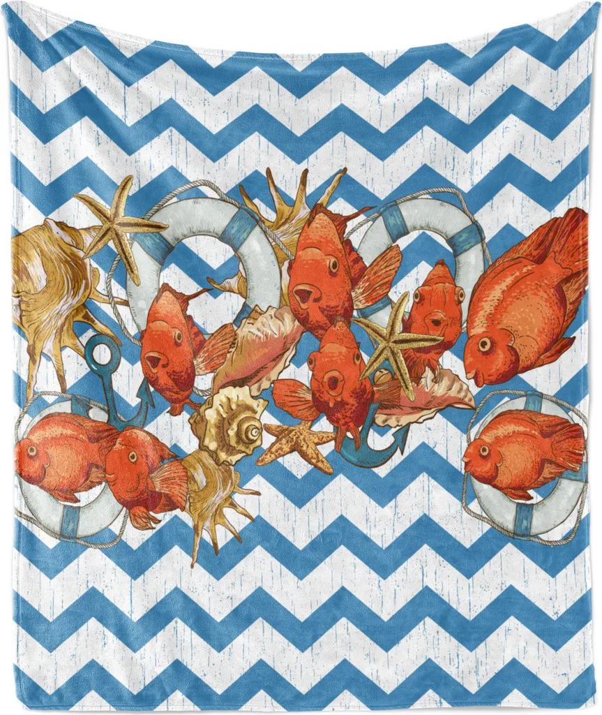 ABAKUHAUS Coperta in morbido pile di flanella nautico, diversi motivi marini su travi, pesci rossi, conchiglie, stelle marine, ancore e boe, 175 x 230 cm, multicolore
