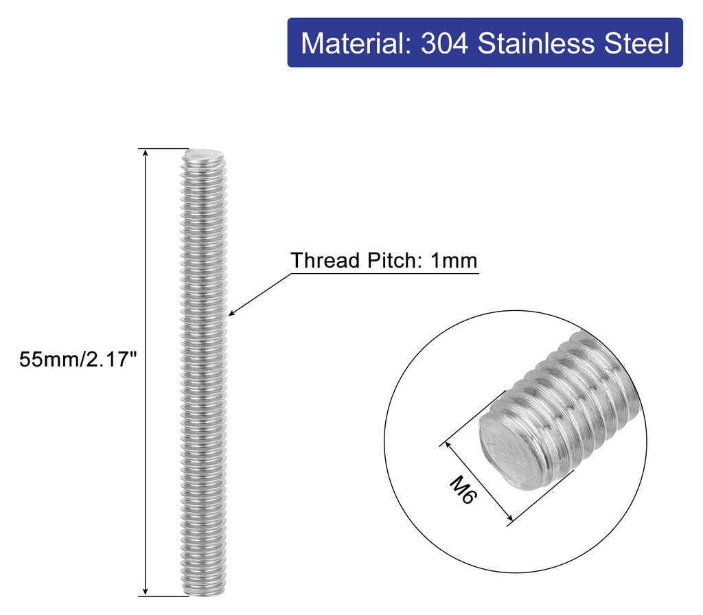 8 Stš¹ck Gewindestangen, M6 x 55mm, 304 Edelstahl, Gewindestab mit metrischem Vollgewinde, M6-1 Gewindestift fš¹r M?bel- und Maschinenmontage