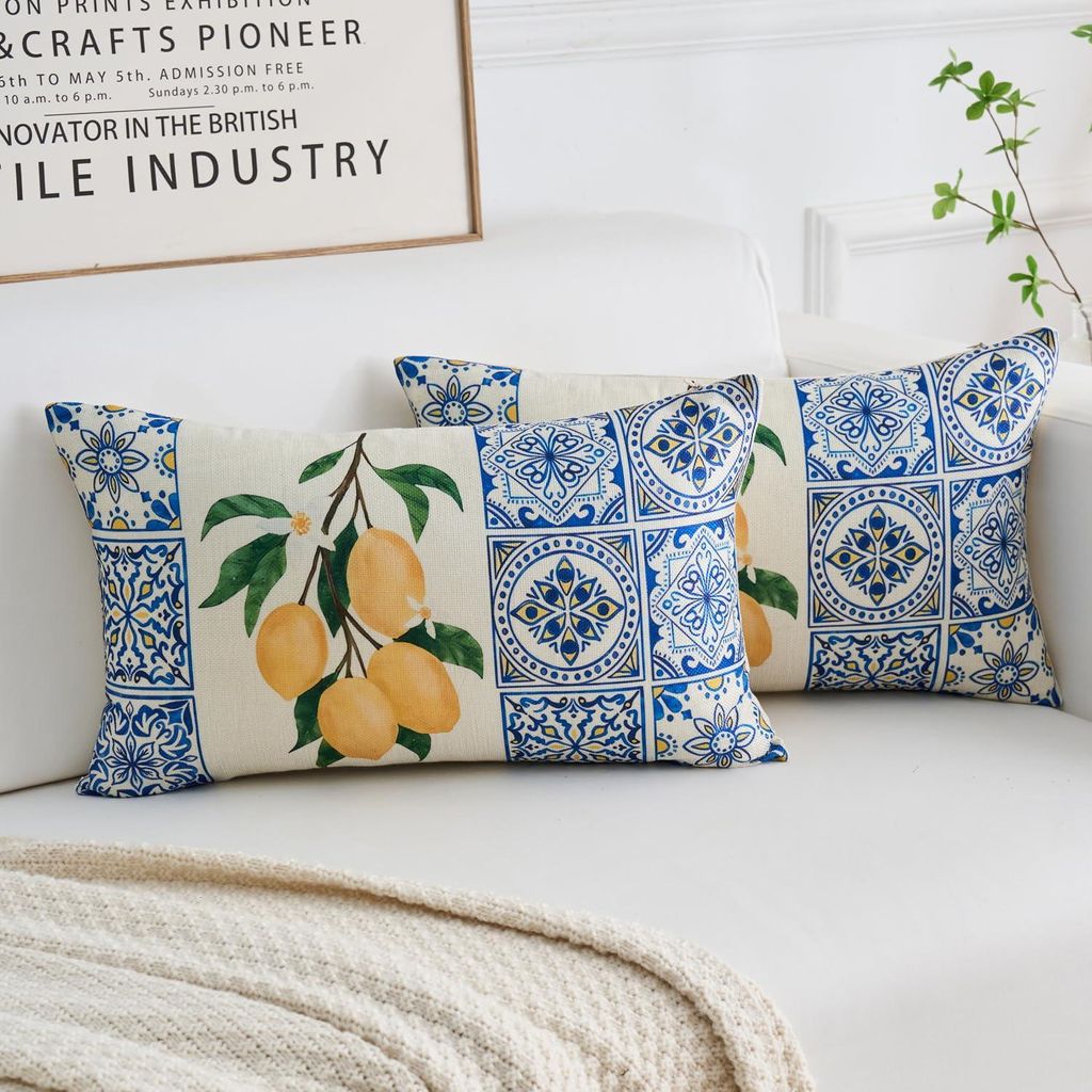 Kissenbezug 30x50cm Boho Blau Gelb Zitrone mit grünen Blättern Polyester Dekokissen für Wohnzimmer Sofa Garten Terrasse Patio 2-teiliges Set