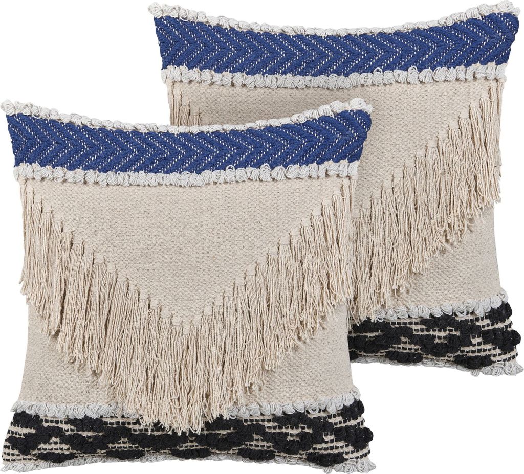 BELIANI Dekokissen Beige / Blau Baumwolle 45 x 45 cm mit dekorativen Fransen im 2er Set Boho-Stil Wohnzimmer Salon Schlafzimmer