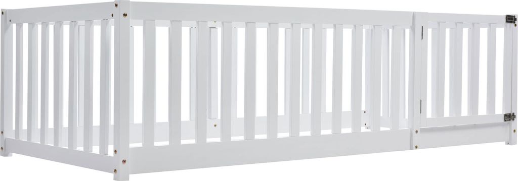A white wooden crib or bed frame with vertical slats and a gate with a latch.
