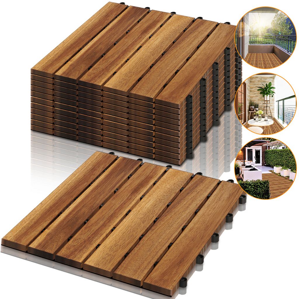 Jiubiaz Holzfliesen aus Akazien Holz 30x30cm, 6 Latten Fliese 5m², Bodenfliesen für Terrassen und Balkon(55 Stück)