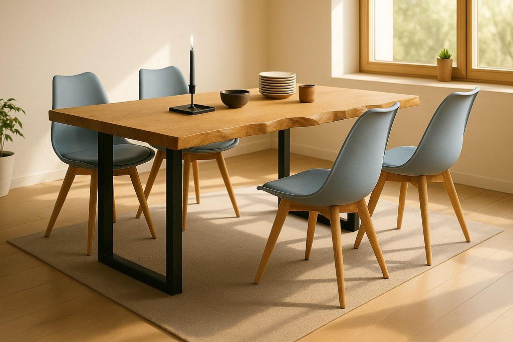 Essgruppe Baumkante massiv 120 x 80 cm Wildeiche U-Gestell schwarz & 4 Stühle grau SEATTLE