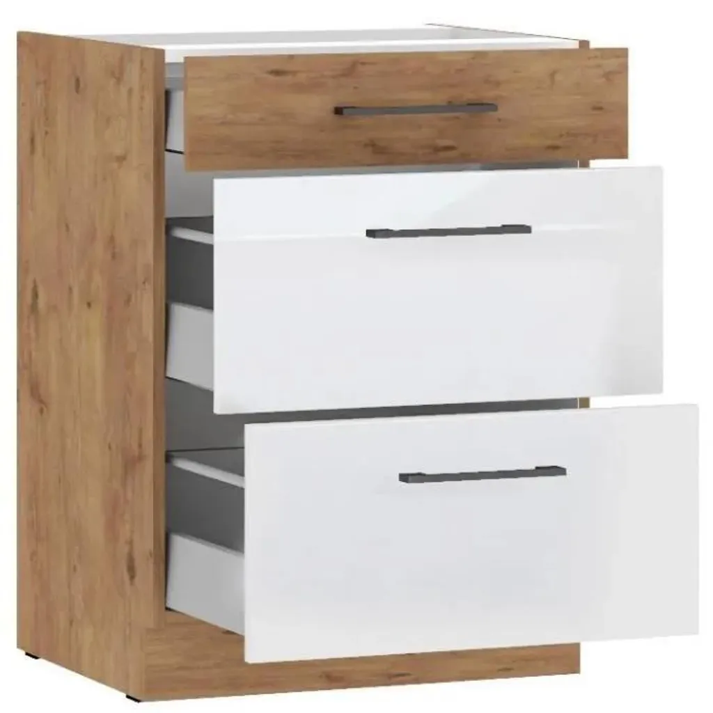 Meuble Bas de Cuisine 60 cm avec 3 Tiroirs ROCK Finition Chêne et Blanc