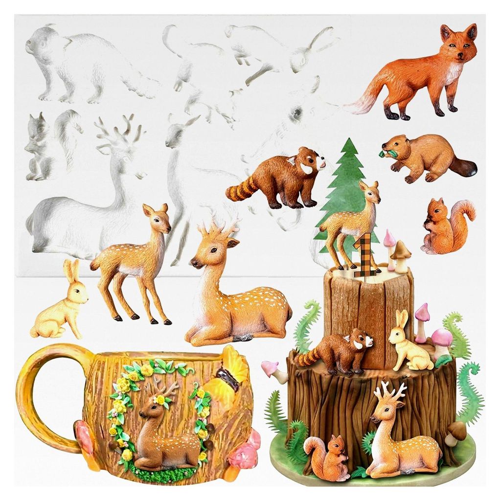 Dschungel Safari Waldtier Silikonform Fuchs Eichhörnchen Rubbit Waschbär Biber Elch Sika Hirsch für Kuchen Dekoration Cupcake Topper Schokolade ...