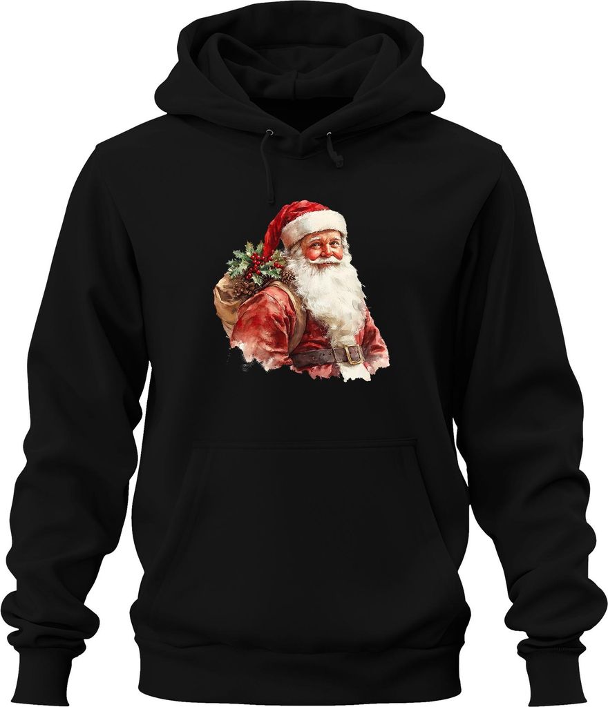 Weihnachtsmann Sack Stechpalme Tannenzapfen Bart Geschenk Vintage Uni Hoodie Kapuzenpullover, Schwarz, S