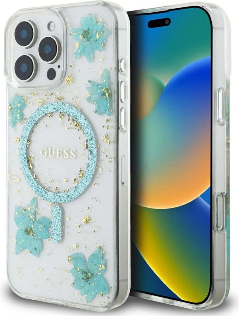 Guess Resin Flowers Case für iPhone 16 Pro Türkis