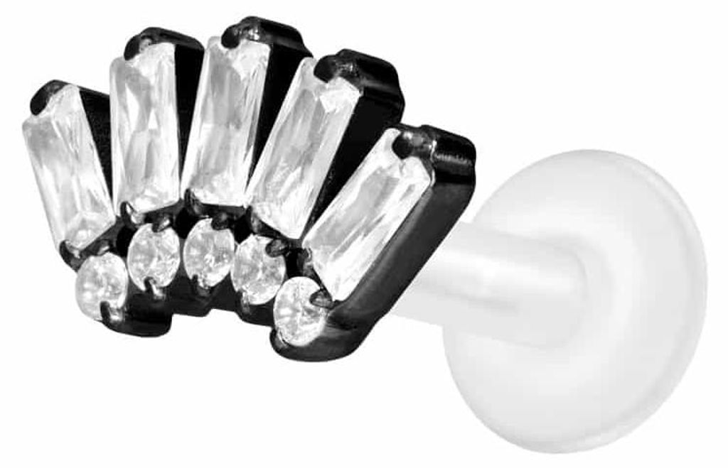 Ohrpiercing, Nasenpiercing PTFE Labret mit Innengewinde + Titan-Aufsatz 10 EINGEFASSTE KRISTALLE Schwarz Stablänge: 7mm | Stabstärke: 1,6mm